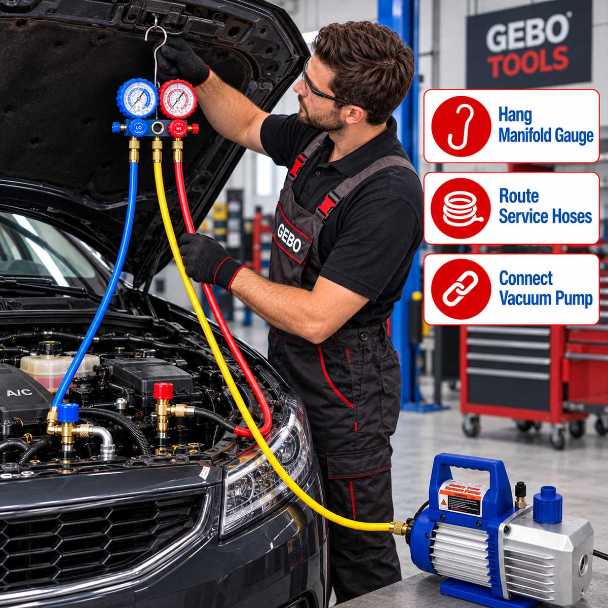 Vákuová pumpa pre klimatizáciu, jednostupňová, s manometrom, s 2 portmi, 60l/min, Gebo Tools