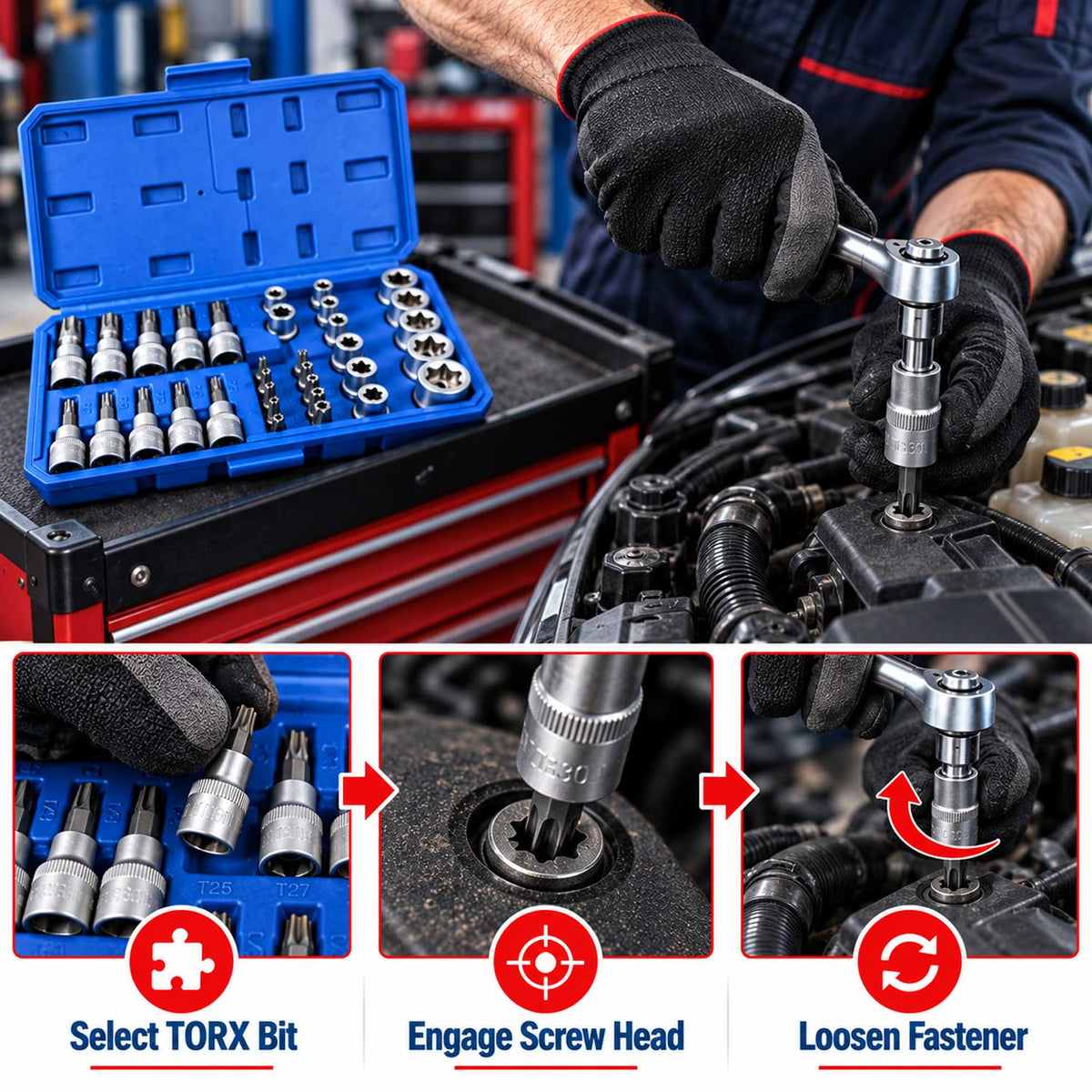 Sada nástrčných kľúčov, hlavíc a bitov profil E a Torx 3/8'', 34ks, T10 - T60, E3 - E20, Gebo Tools