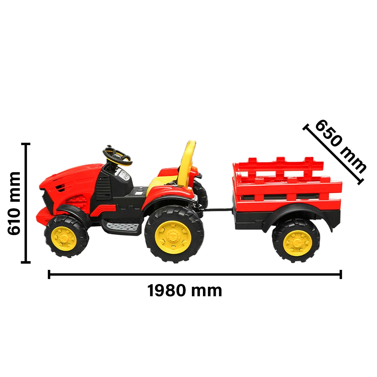 Detský elektrický traktor s prívesom, s diaľkovým ovládaním a batériou, 1980x610x650mm