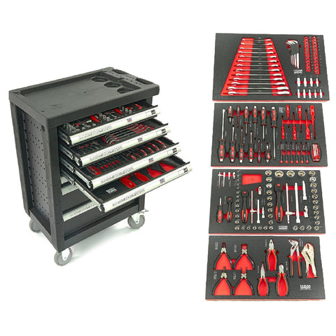 Profesionálna skrinka - dielenský vozík s náradím, so 7 zásuvkami, 154ks náradia, 4 vložky carbon - premium, HBM Holandsko