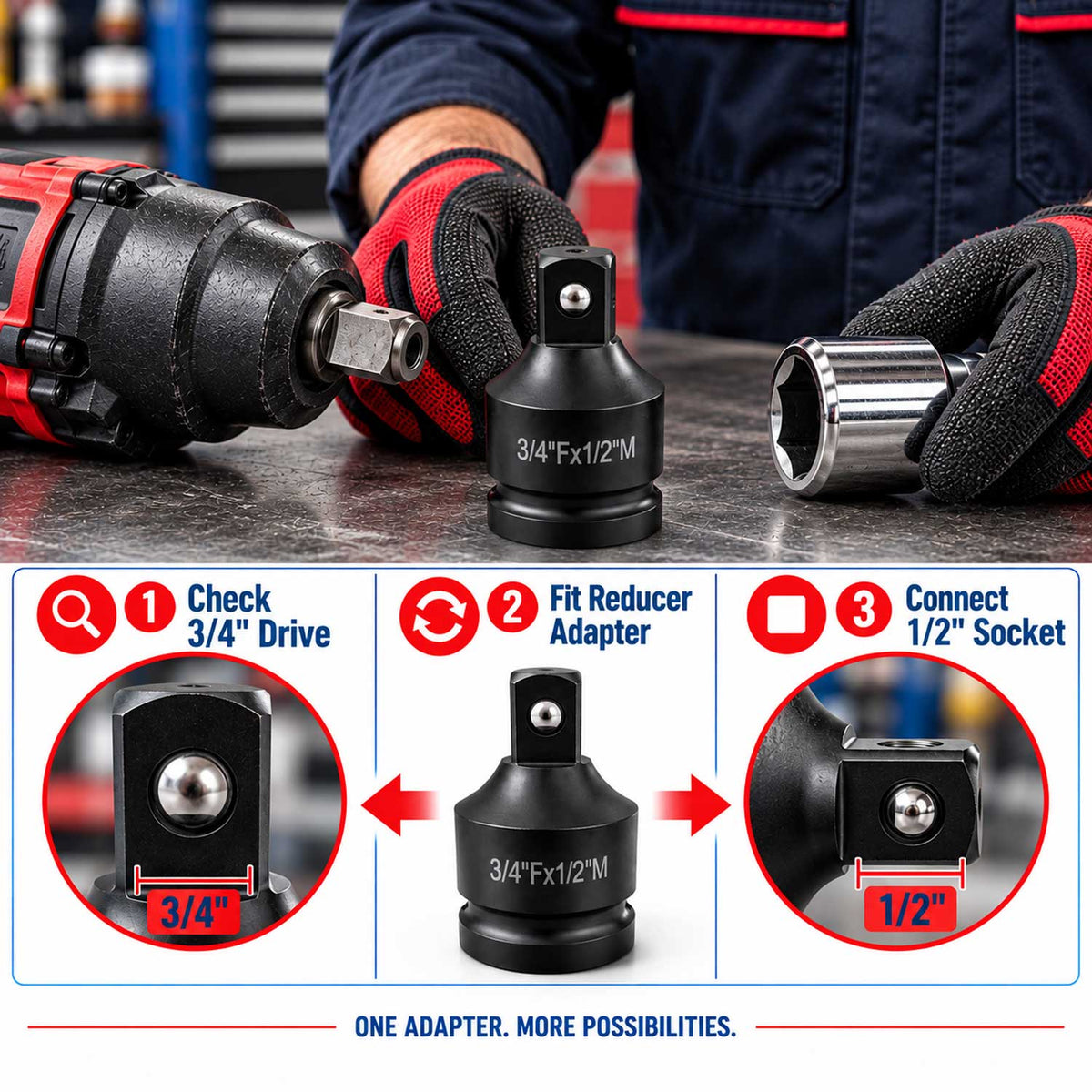 Rázový adaptér - redukcia 3/4'' 1/2'' Gebo Tools
