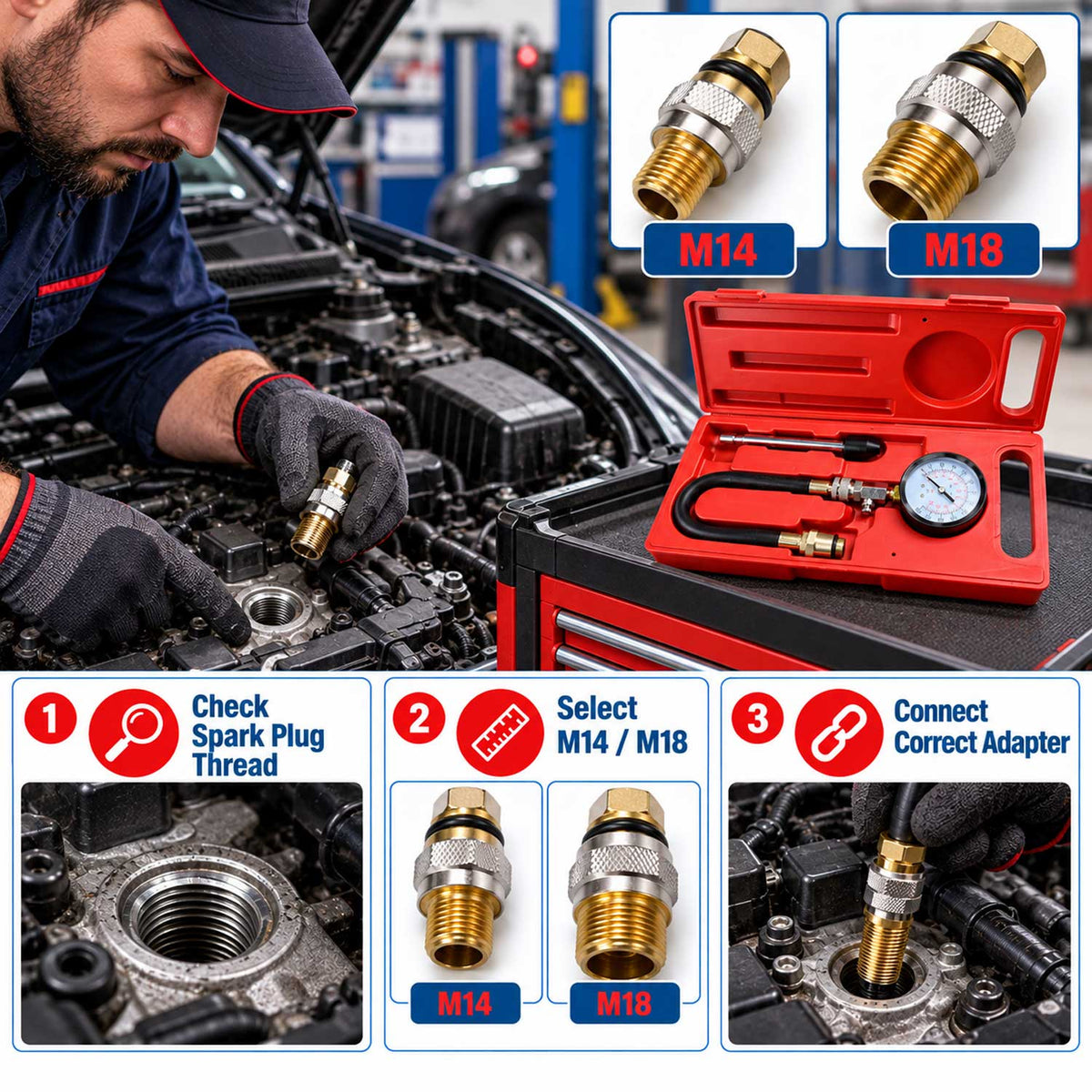 Tester kompresie - kompresiometer benzínových motorov Gebo Tools