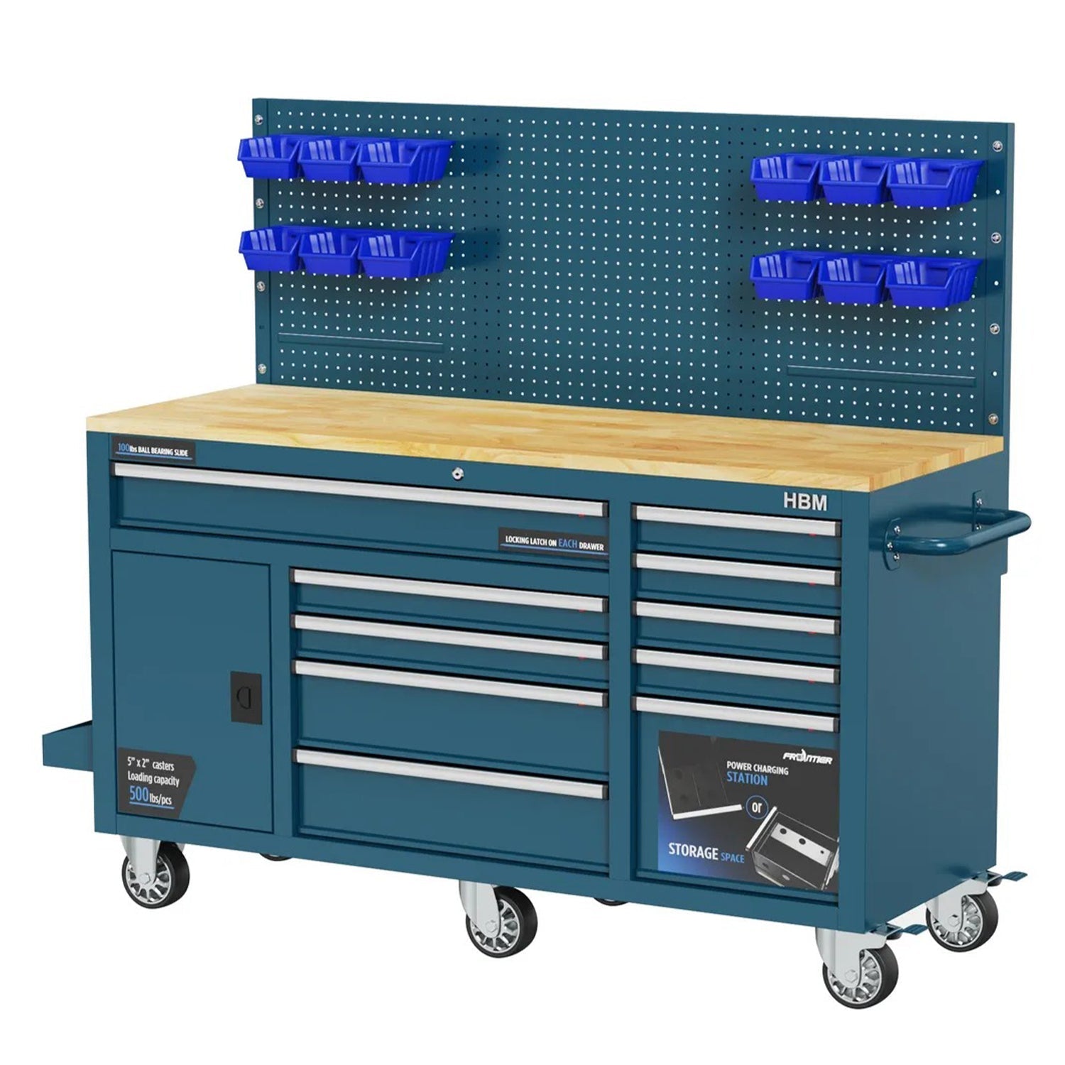 Pojazdný pracovný stôl so skrinkou na náradie, panelom a drevenou doskou z masívu, 158cm, modrý HBM