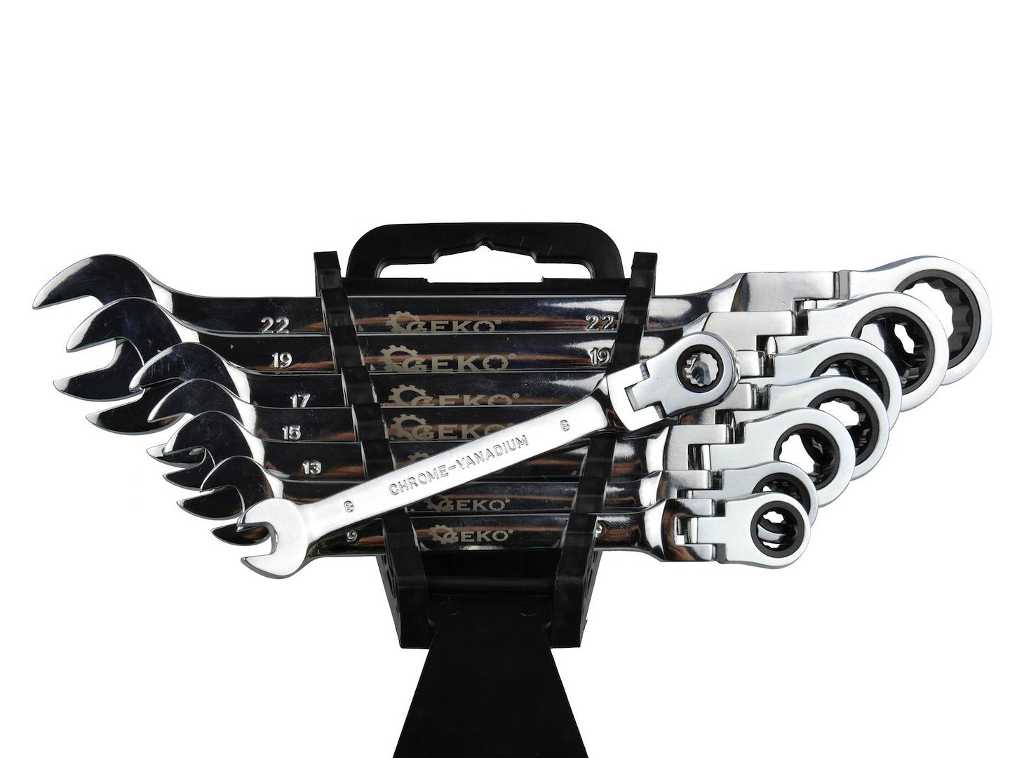 Sada kombinovaných očko-plochých kľúčov s račňou a kĺbom 8ks 8 - 22mm Geko