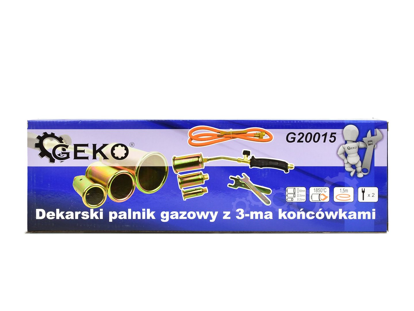 Plynový horák na ohrev a opaľovanie, s hadicou 1,5m, s 3 tryskami 25, 35 a 50mm, Geko