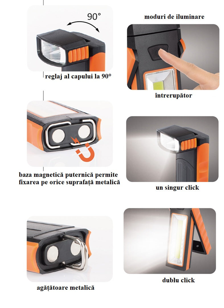 LED COB dielenská pracovná lampa 160lm + 50lm, magnetická, s hákom, otočná o 90°, Verke
