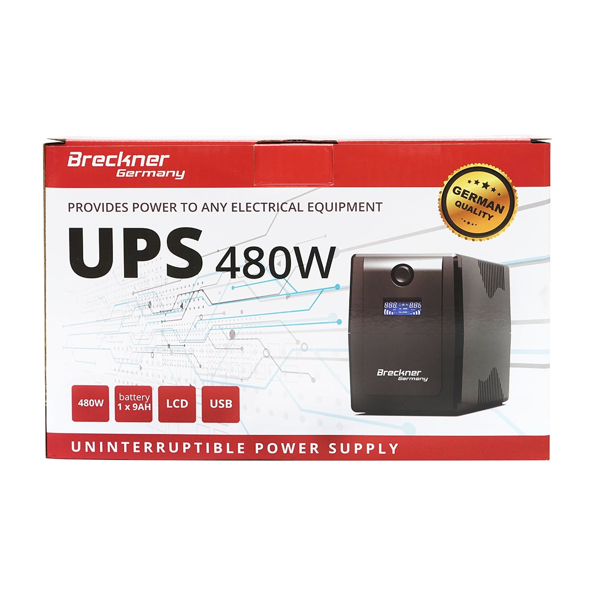 Záložný zdroj UPS 800VA/480W, batéria 9Ah, 2 zásuvky Schuko, LCD, USB, AVR Breckner Germany