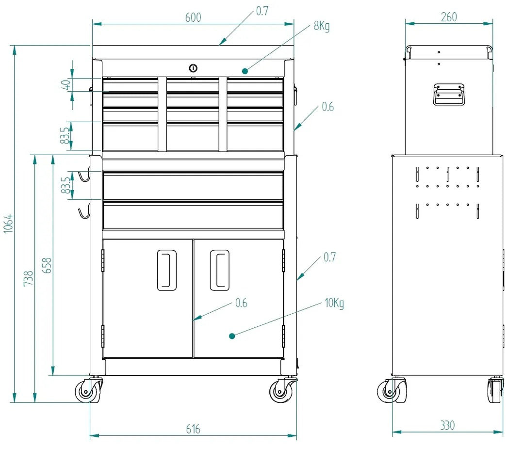 Dielenská skriňa - vozík na náradie 2ks, 8 zásuviek, sivá - HBM, premium, Holandsko