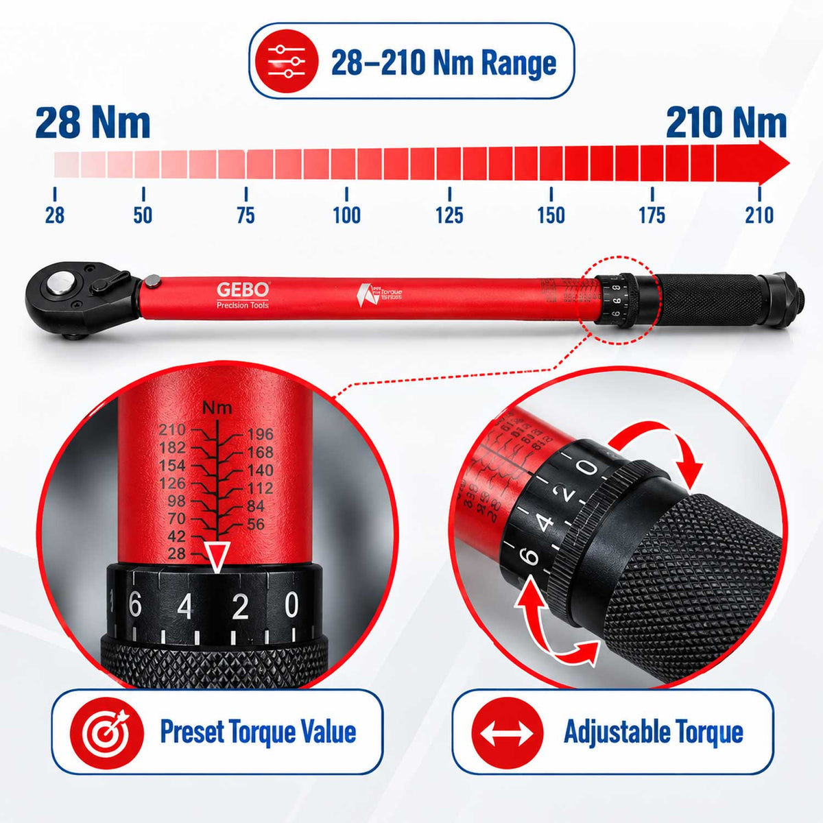 Momentový kľúč 1/2'', 28 - 210Nm, Gebo Tools