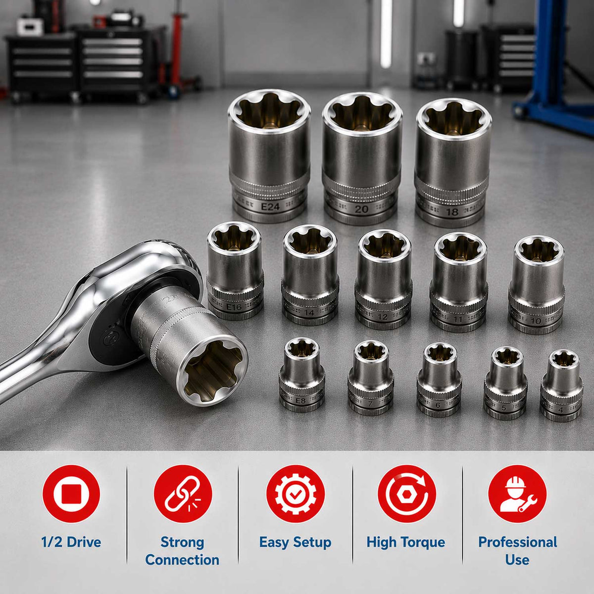 Sada nástrčných hlavíc - kľúčov, profil E, E4 - E24, 1/4", 3/8", 1/2", 14ks Gebo Tools