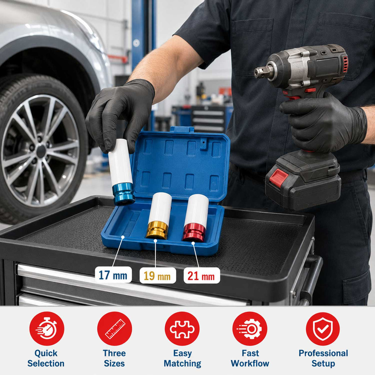 Sada nástrčných hlavíc - kľúčov pre zliatinové disky s ochrannou manžetou 17, 19, 21mm, 3ks Gebo Tools