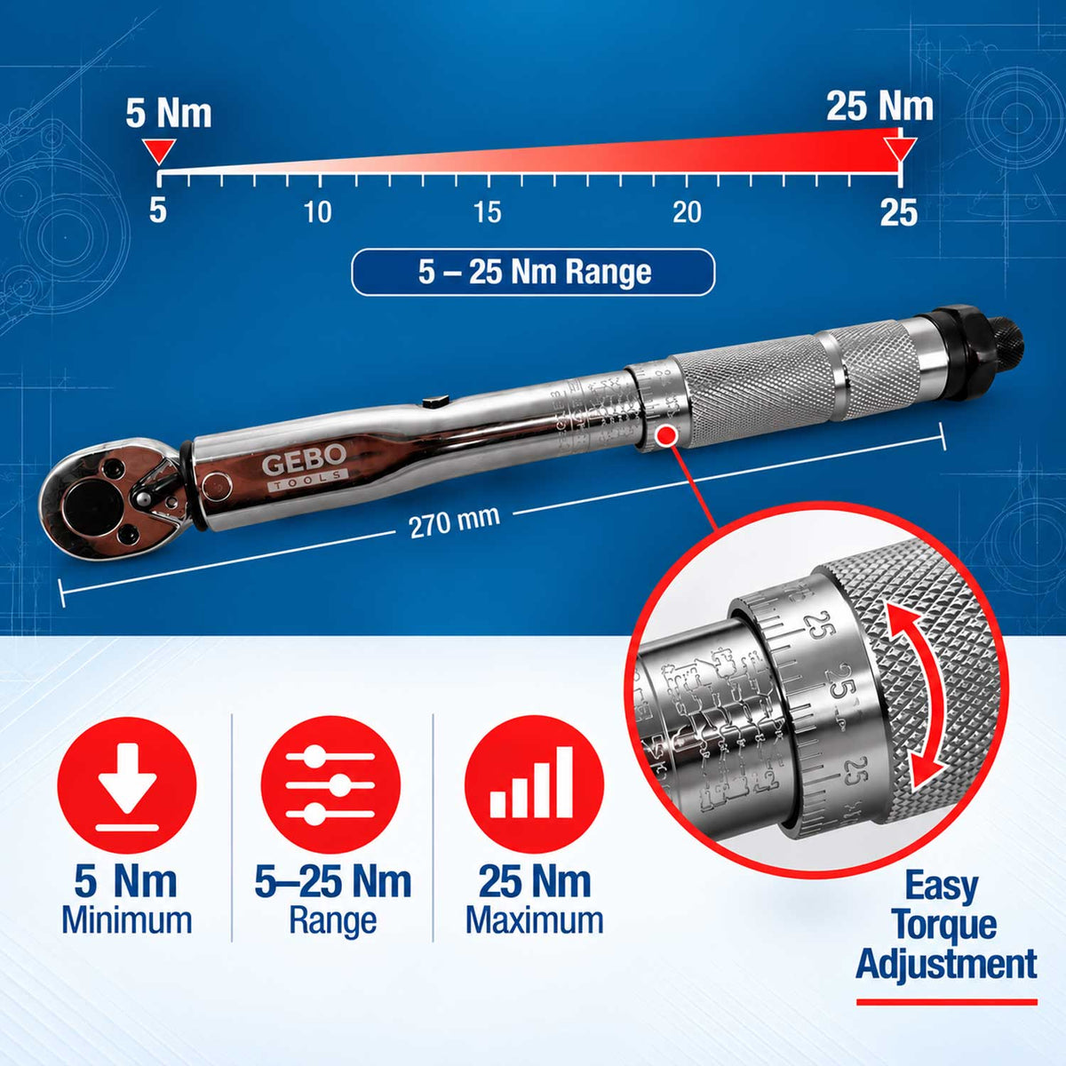 Momentový kľúč 1/4'', 5 - 25Nm, Gebo Tools