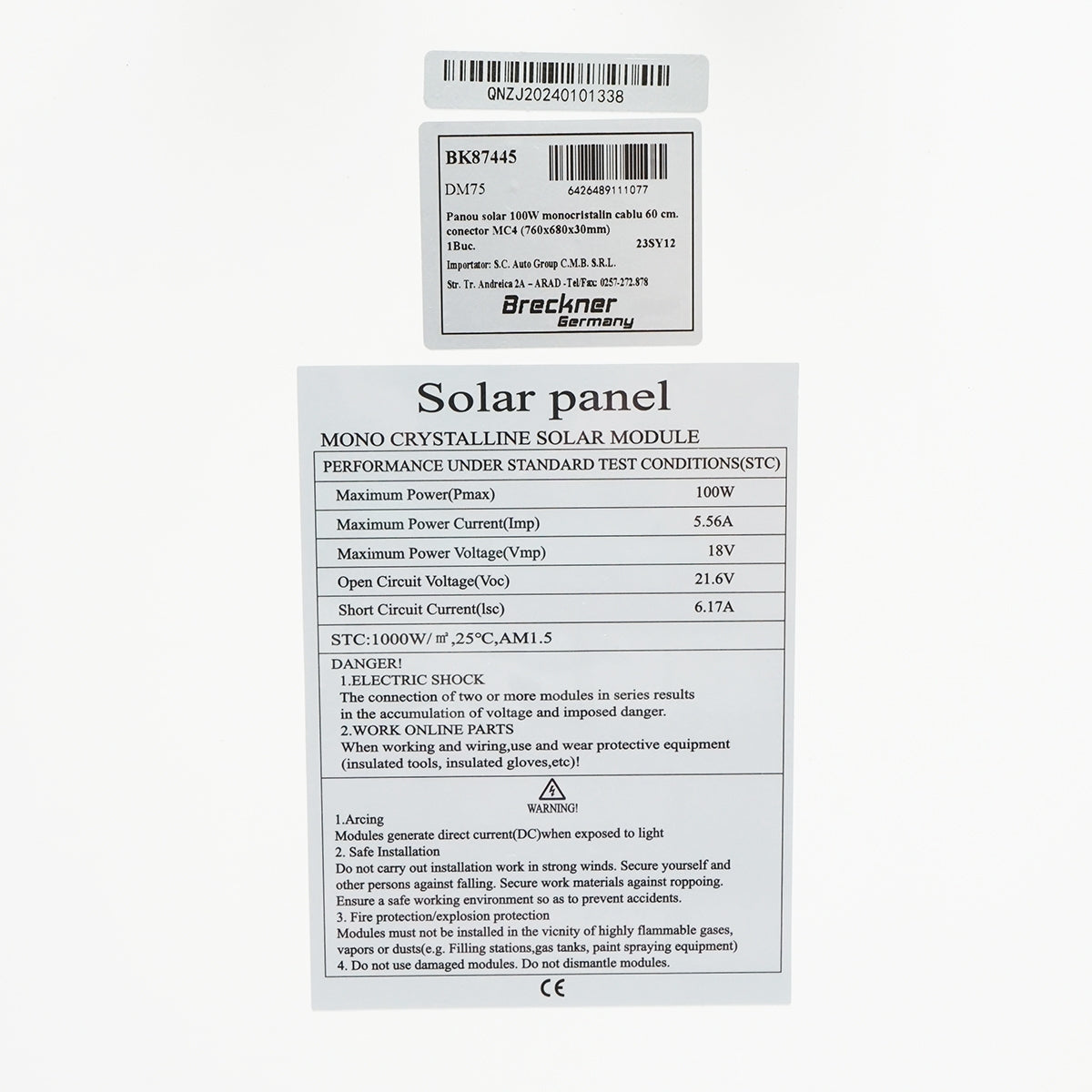 Monokryštalický fotovoltický solárny panel 100W, 760 × 680 × 30mm Breckner Germany