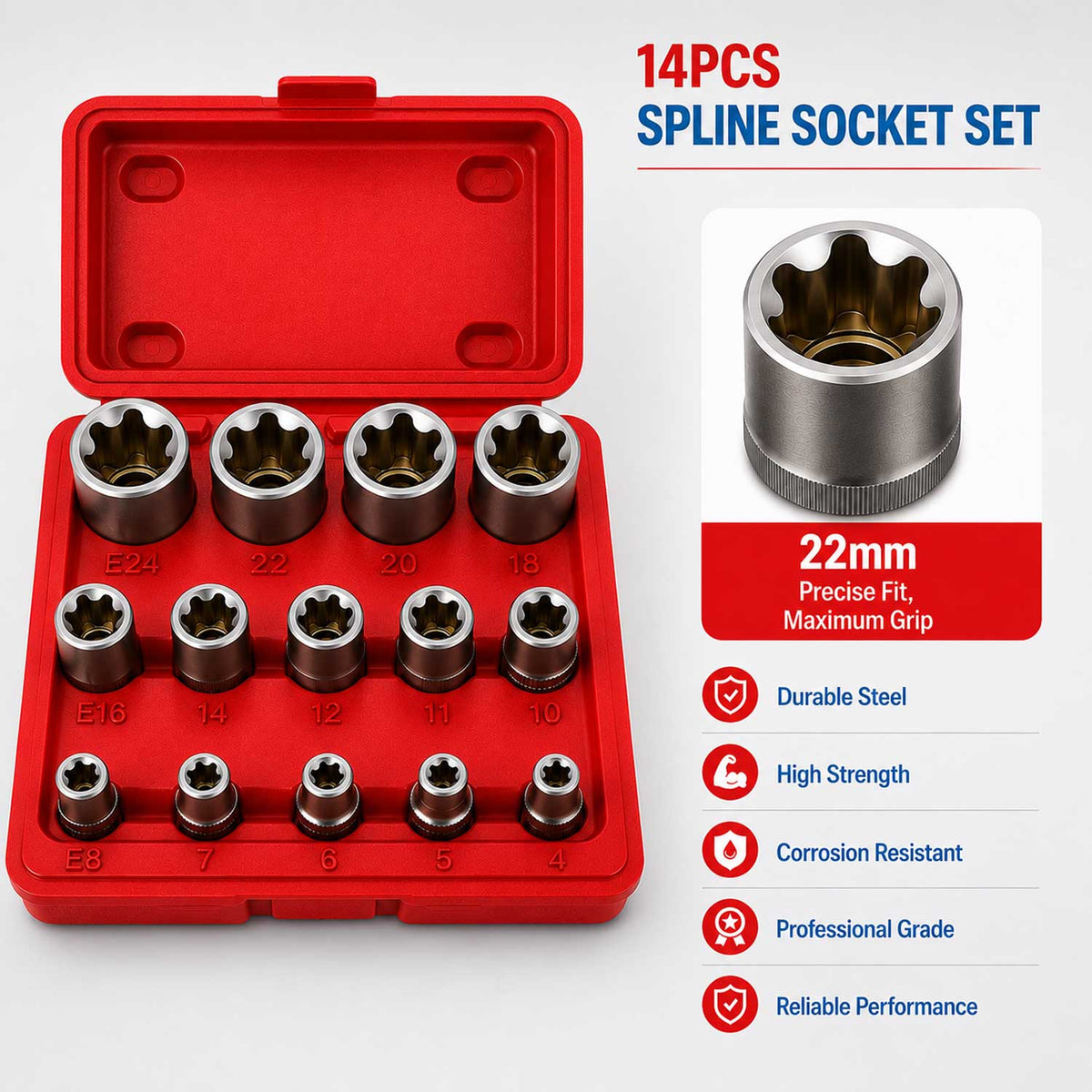 Sada nástrčných hlavíc - kľúčov, profil E, E4 - E24, 1/4", 3/8", 1/2", 14ks Gebo Tools