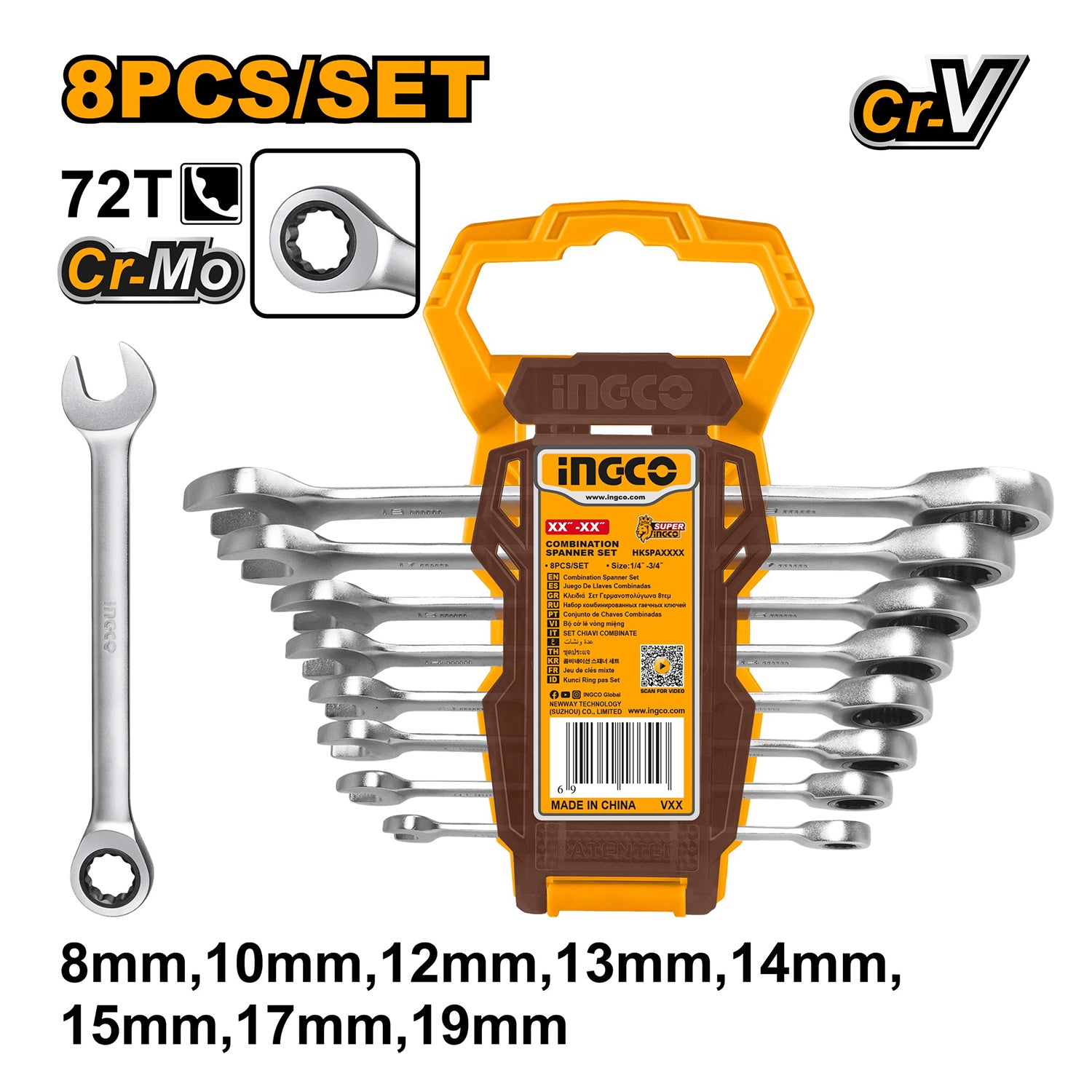 Sada kombinovaných očko-plochých kľúčov s račňou 8 - 19mm Ingco
