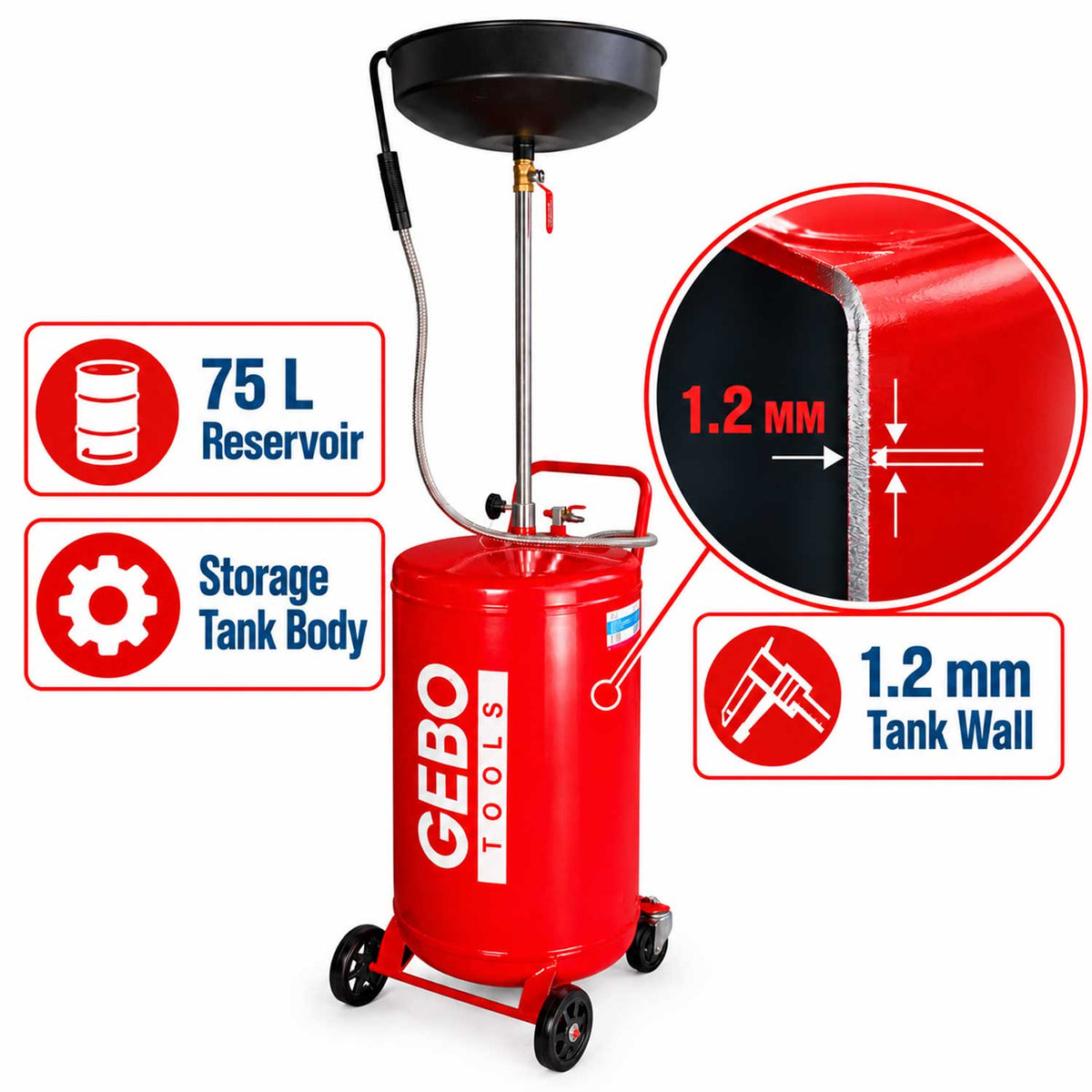 Pneumatická vypúšťačka oleja 75l, Gebo Tools, zberná nádoba 10l, pracovný tlak 6-8 bar, s teleskopickým ramenom