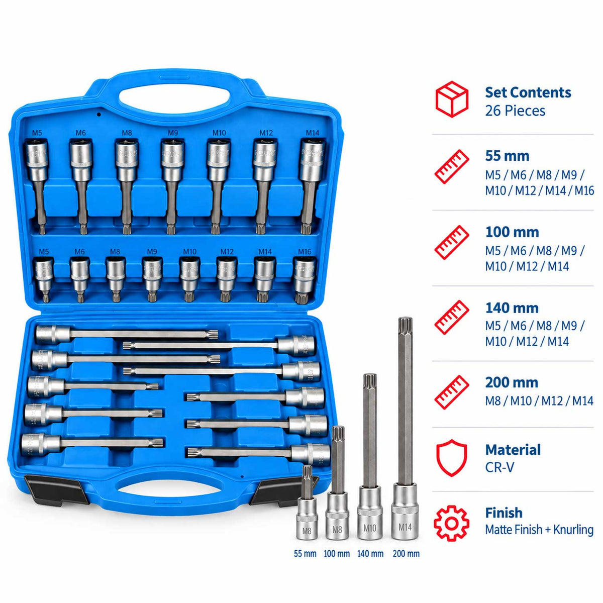 Sada nástrčných kľúčov - hlavíc s bitmi XZN M Spline, 1/2'', 26ks Gebo Tools