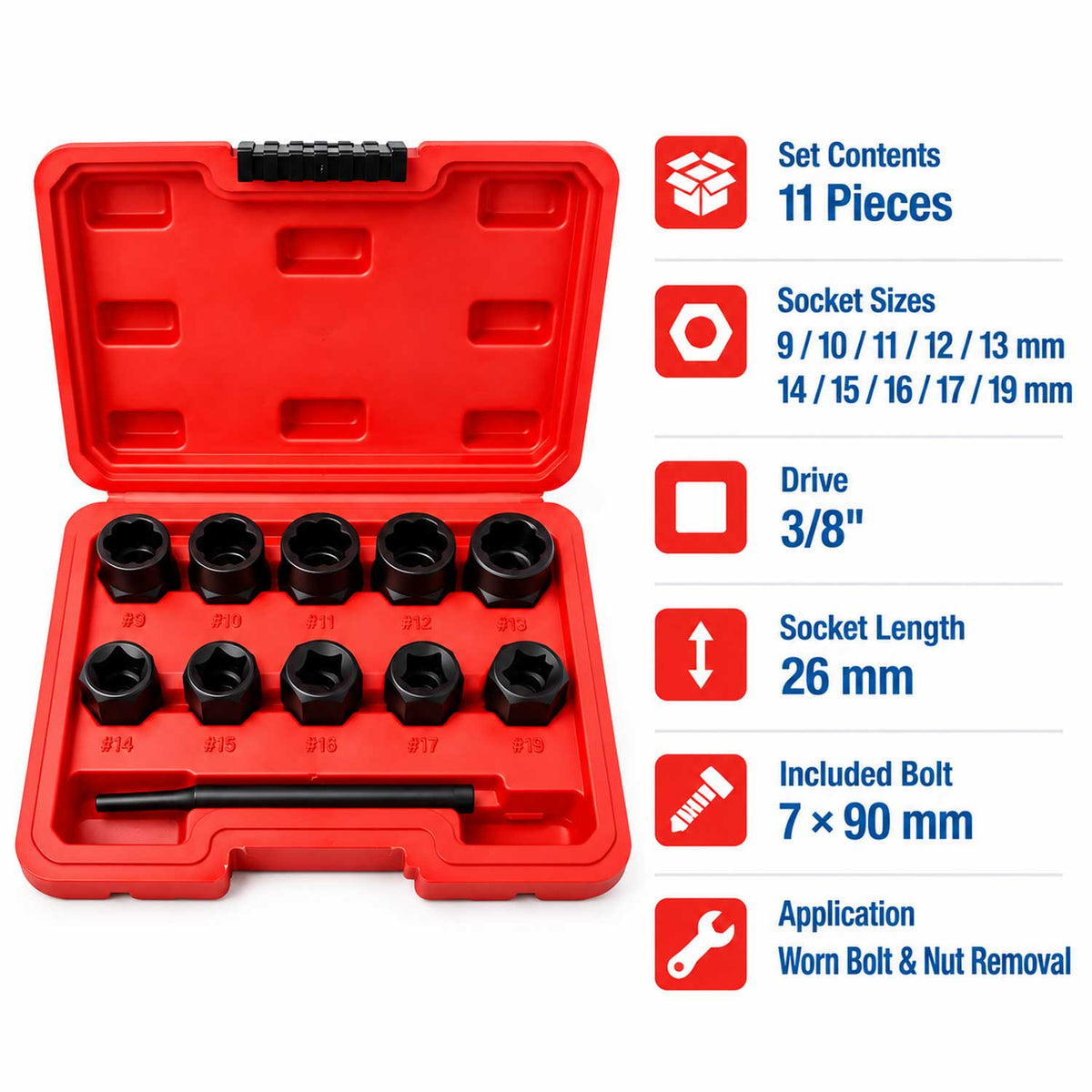 Sada nástrčných hlavíc - kľúčov na opotrebované skrutky 9 - 19mm, 11ks Gebo Tools