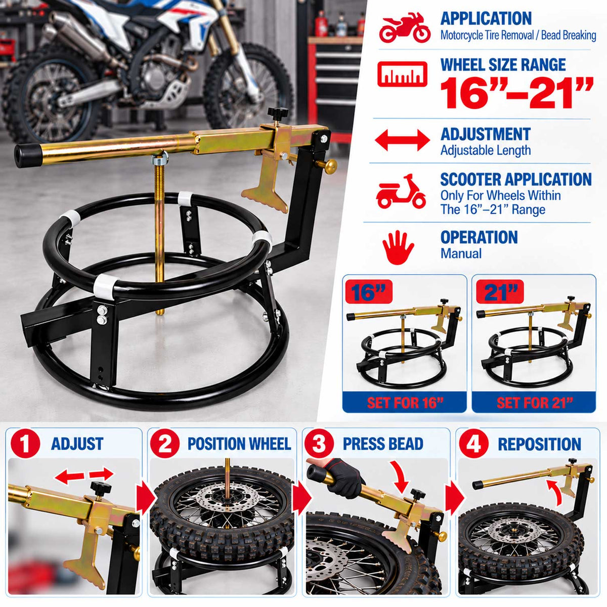 Ručná vyzúvačka pneumatík pre motocykle 16 - 21'', Gebo Tools