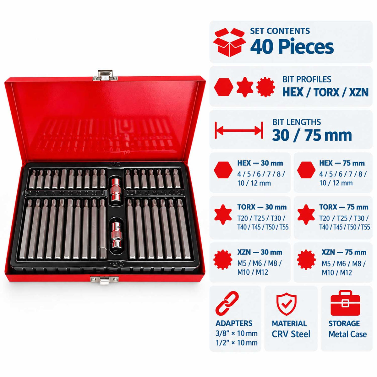 Sada bitov Imbus, Torx, XZN, Hex, Spline, 40ks, v kovovom kufríku, Gebo Tools