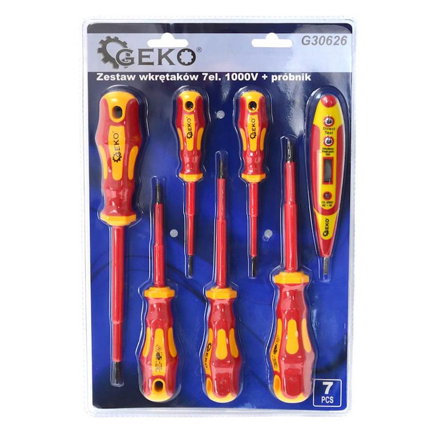 Súprava izolovaných skrutkovačov pre elektrikárov 1000v a digitálny tester napätia 7 kusov GEKO