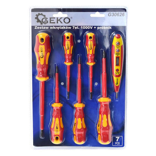 Súprava izolovaných skrutkovačov pre elektrikárov 1000V a digitálna skúšačka 7ks Geko