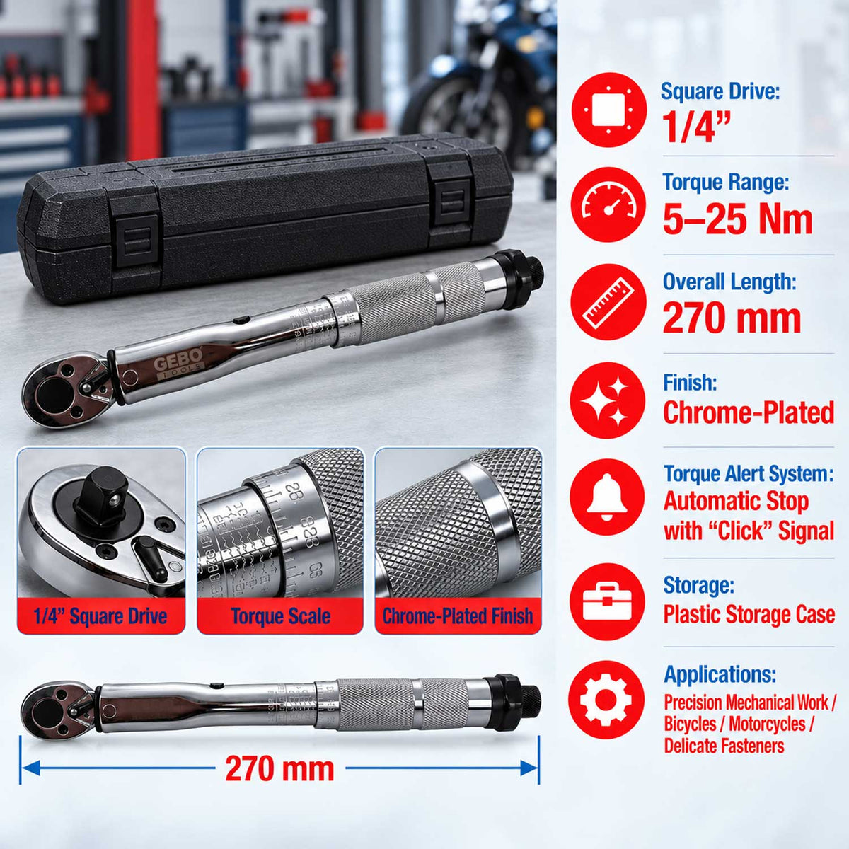 Momentový kľúč 1/4'', 5 - 25Nm, Gebo Tools