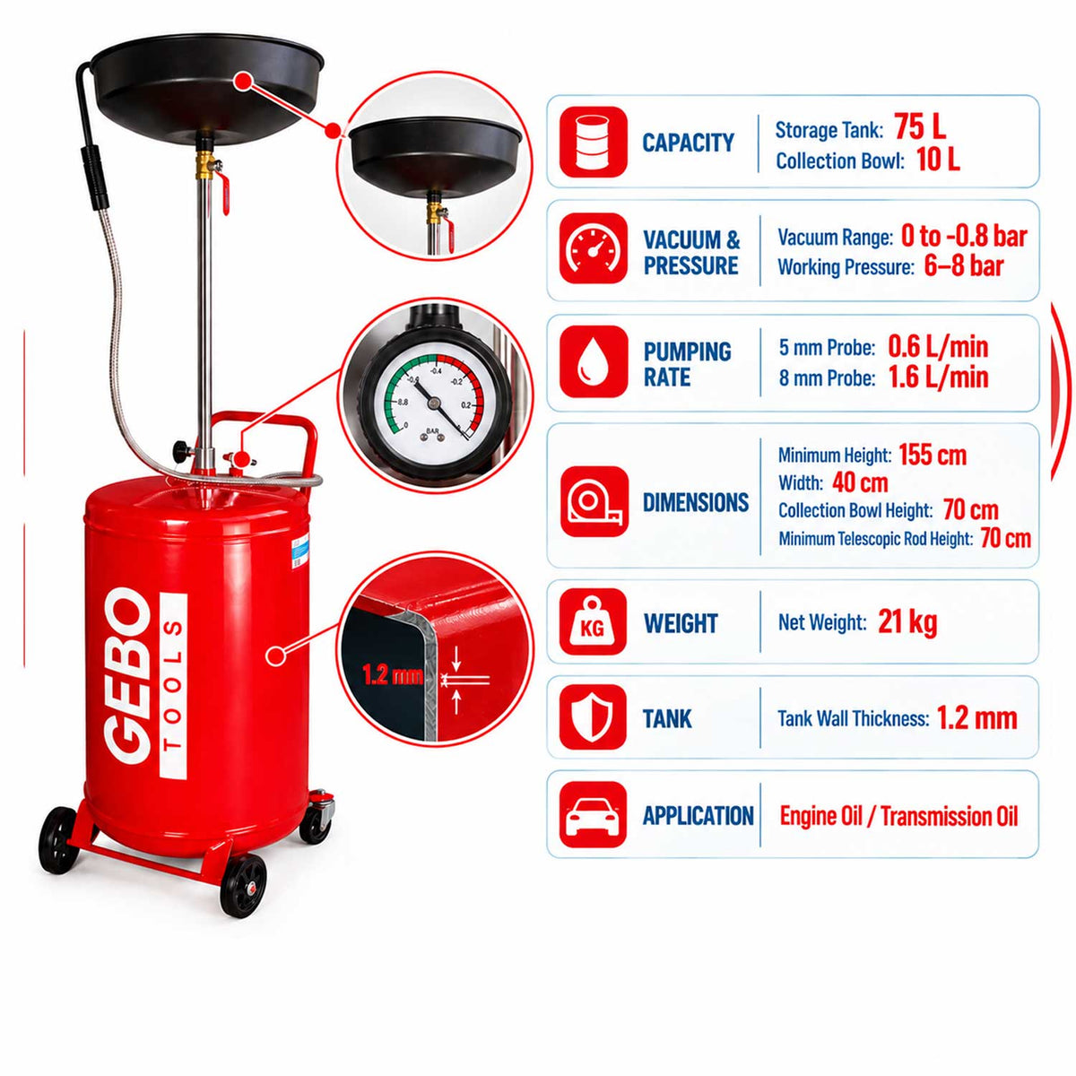 Pneumatická vypúšťačka oleja 75l, Gebo Tools, zberná nádoba 10l, pracovný tlak 6-8 bar, s teleskopickým ramenom