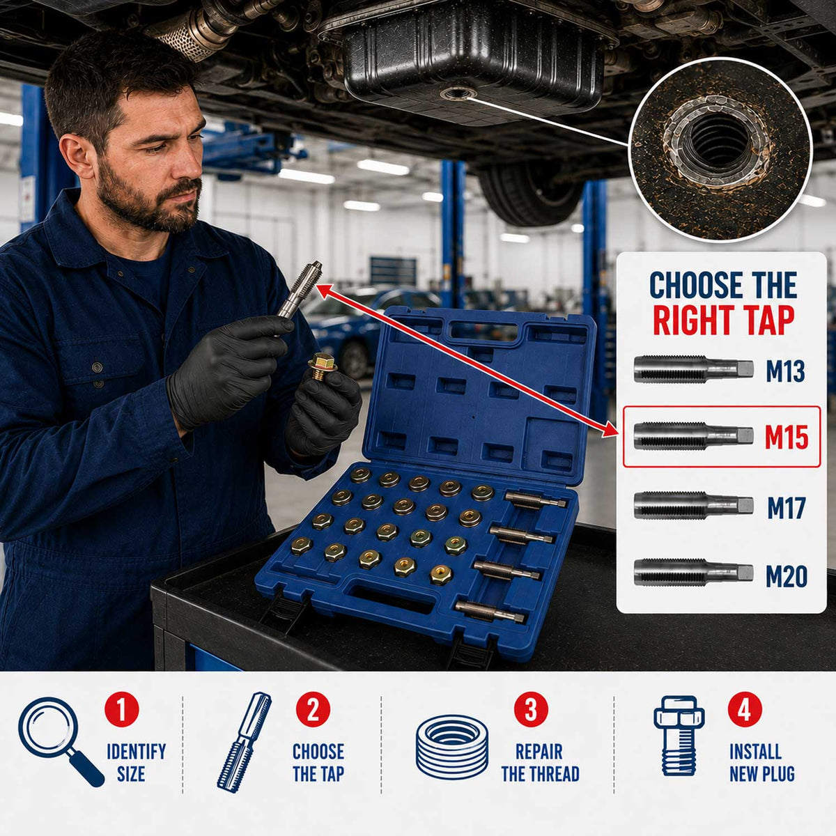 Sada na opravu závitov olejových vaní M13, M15, M17, M20 Gebo Tools