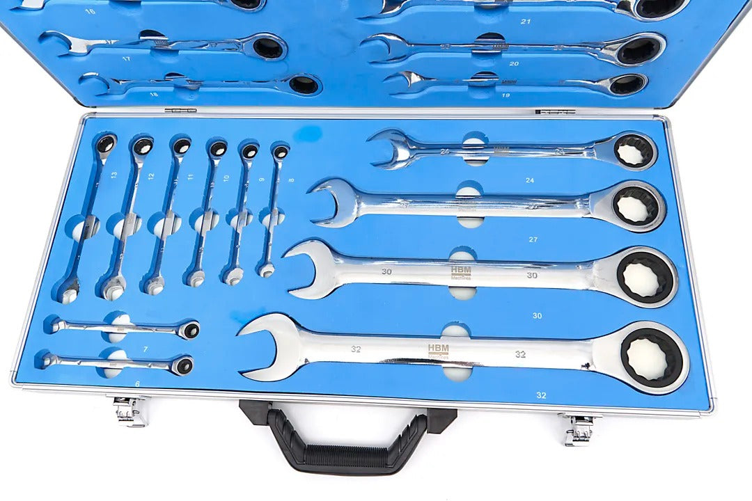 Sada kombinovaných očko-plochých kľúčov s račňou 22ks 6 - 32mm HBM