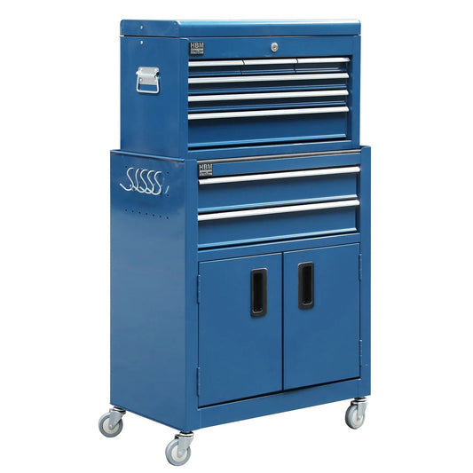 Dielenská skriňa - vozík na náradie premium 2ks, 6 zásuviek a 2 dvierka, modrá, HBM Holandsko, 61,4 × 33 × 106,4cm