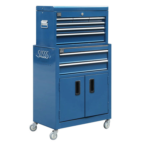 Dielenská skriňa - vozík na náradie premium 2ks, 6 zásuviek a 2 dvierka, modrá, HBM Holandsko, 61,4 × 33 × 106,4cm