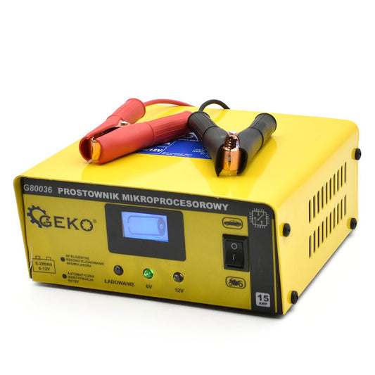 Mikroprocesorová nabíjačka autobatérií s LCD 6/12V, 15A, pre autobatérie 6 - 200Ah, Geko
