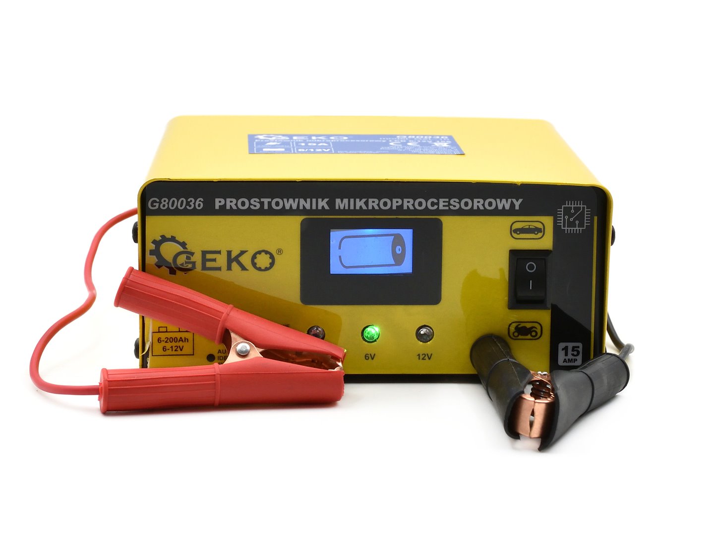 Mikroprocesorová nabíjačka autobatérií s LCD 6/12V, 15A, pre autobatérie 6 - 200Ah, Geko