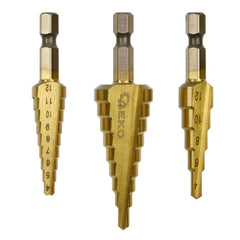 Stupňovité vrtáky HSS TiN Hex 1/4'', 3 - 12, 4 - 12, 4 - 20mm, sada 3ks, Geko