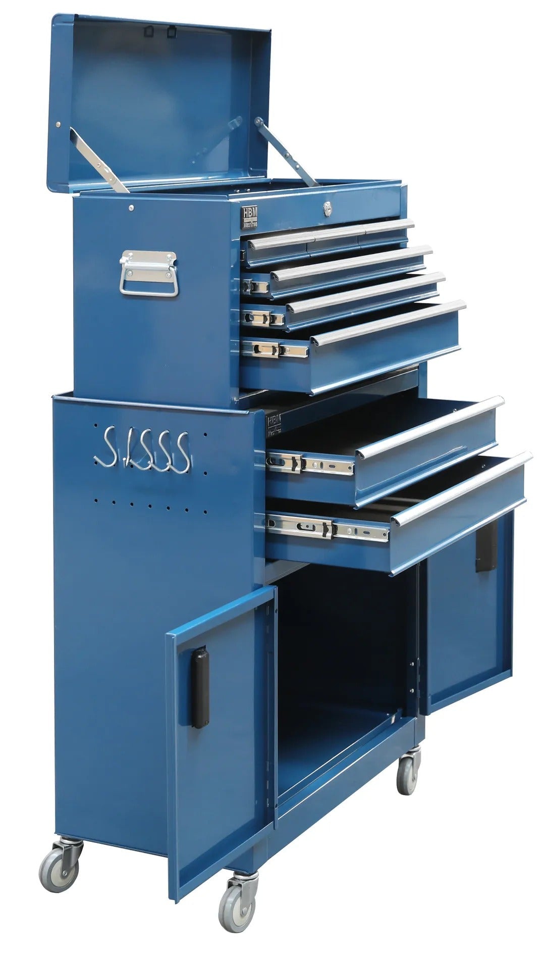 Dielenská skriňa - vozík na náradie premium 2ks, 6 zásuviek a 2 dvierka, modrá, HBM Holandsko, 61,4 × 33 × 106,4cm