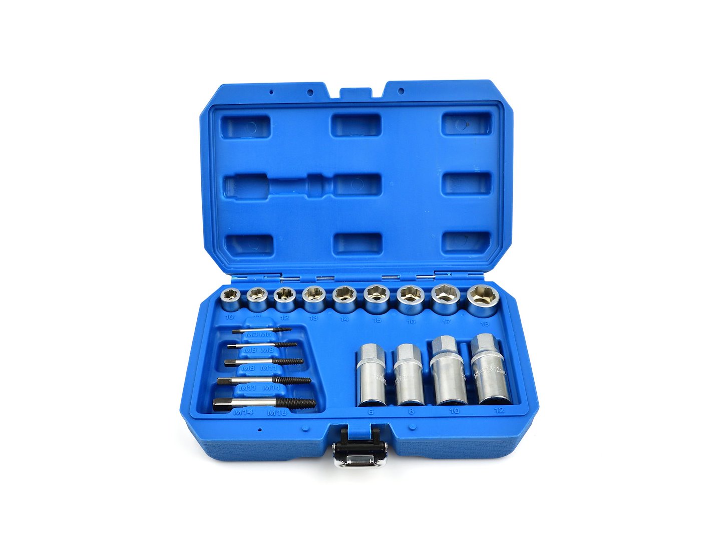 Sada nástrčných hlavíc - kľúčov na opotrebované skrutky, matice a čapy 3/8'' a 1/2'', 6 - 19mm, M3 - M18, Cr-V, 18ks