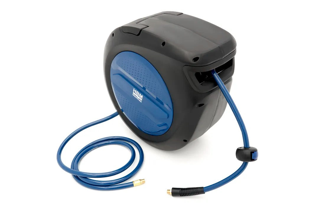 Automatický samonavíjací bubon s hadicou na stlačený vzduch, aretáciou a 180° otočným držiakom HBM