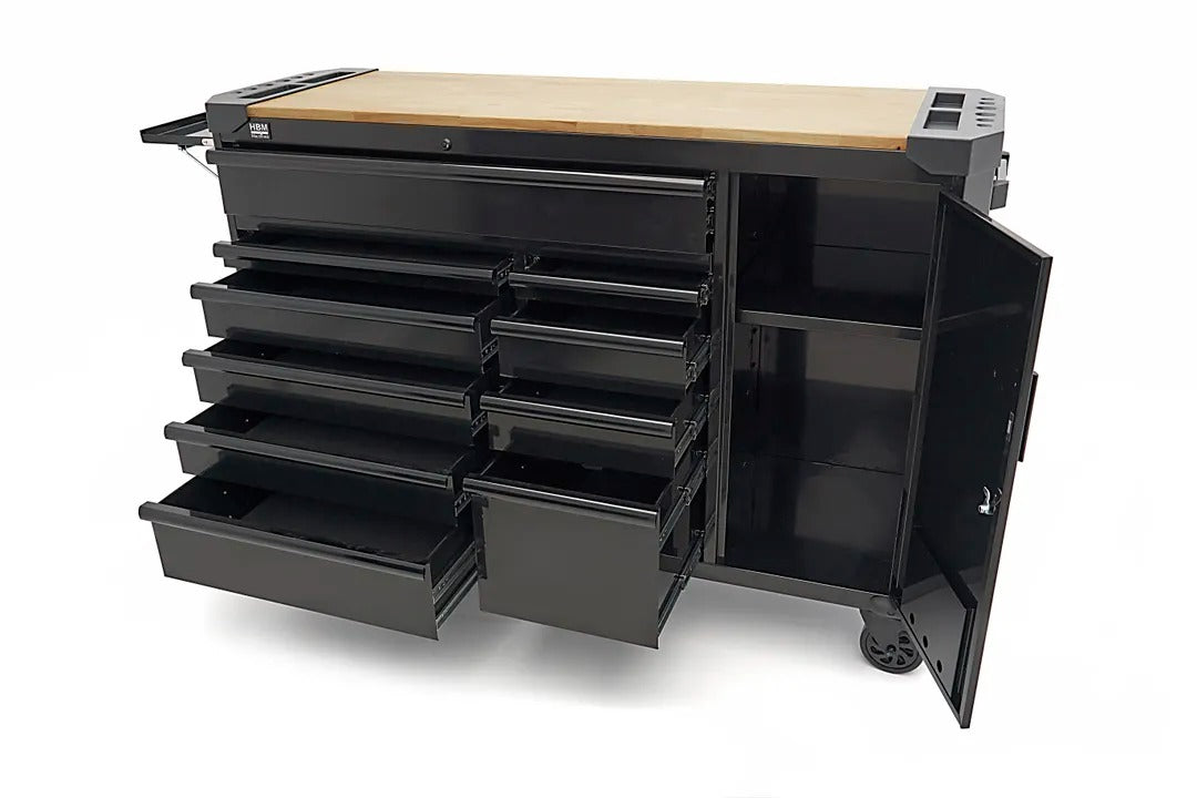 Profesionálna kovová skriňa 10 zásuviek mobilný vozík pracovný stôl 147cm, masívna drevená doska HBM holandsko