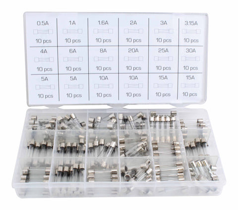 Sada sklenených poistiek 6x30 mm 0.5a-30a 180 kusov