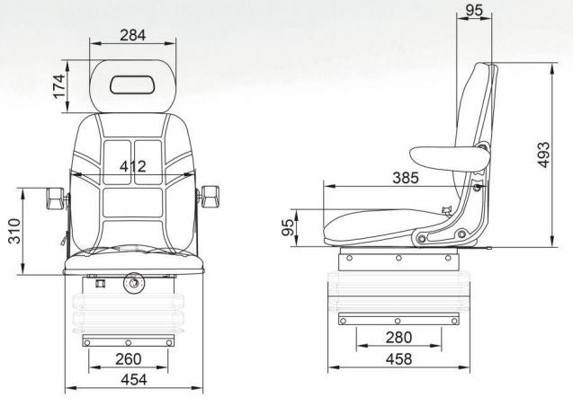 Sedadlo na traktor, univerzálne, výškovo nastaviteľné, 40 - 120kg, s lakťovými opierkami, sklopným operadlom 50-90° pre poľnohospodárske a priemyselné stroje, vysokozdvižný vozík