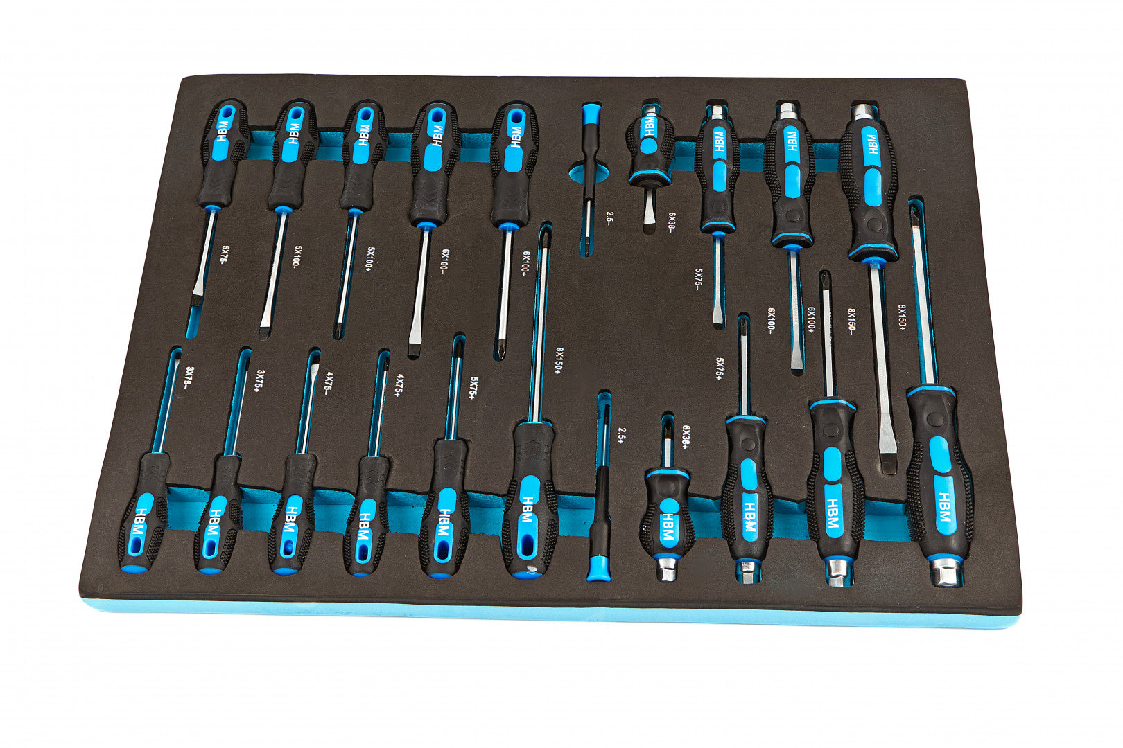 Penová vložka s profesionálnymi skrutkovačmi, 21 dielov, HBM Machines Holandsko, 54 x 39,5 x 3cm