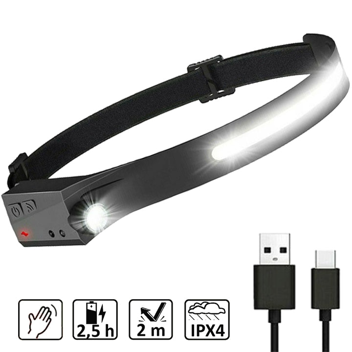 Akumulátorová čelovka s pohybovým senzorom, vodeodolná, s LED COB pásom