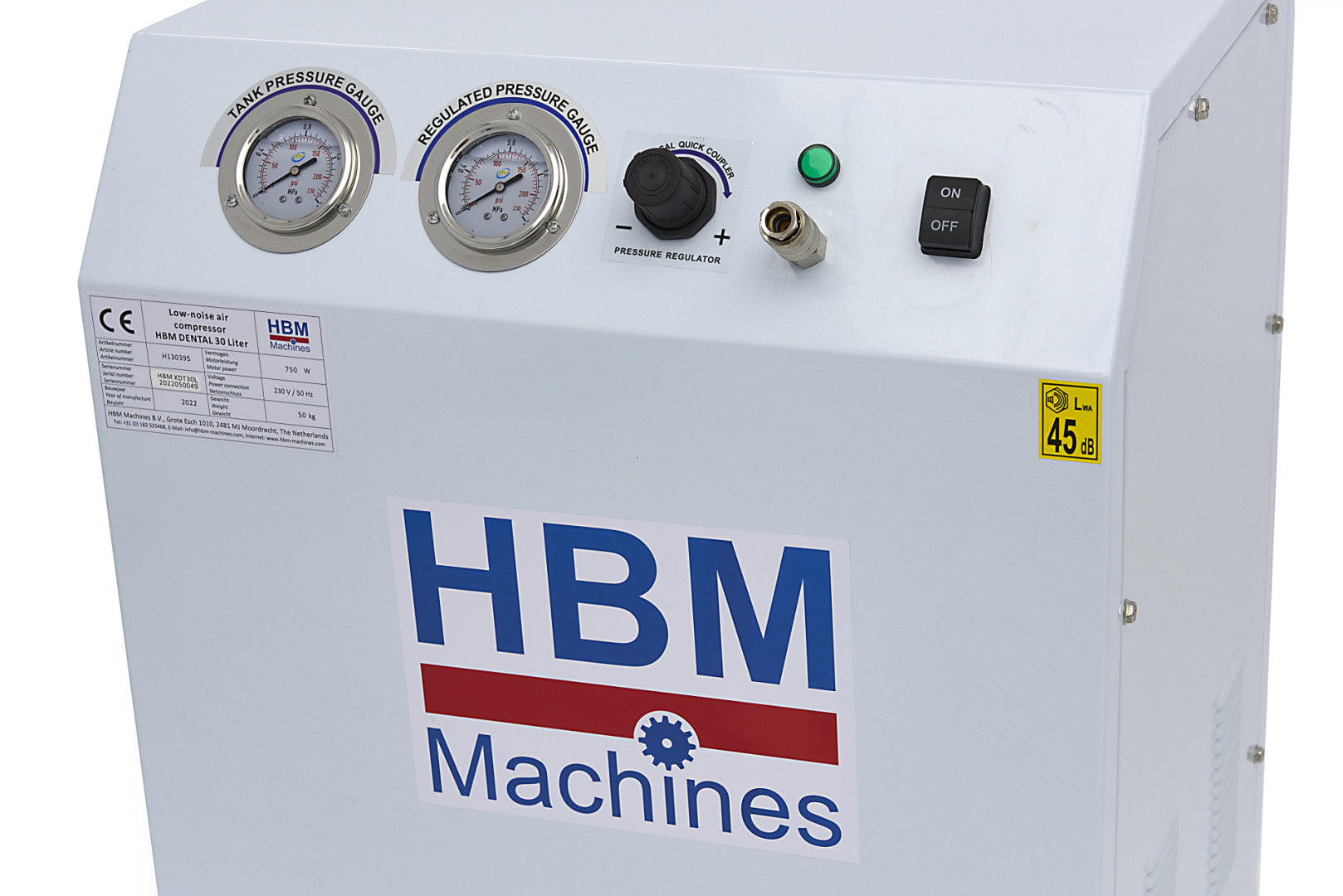 Tichý kompresor s nízkou hlučnosťou 50l v odhlučnenej skrinke 1500W HBM Machines Holandsko