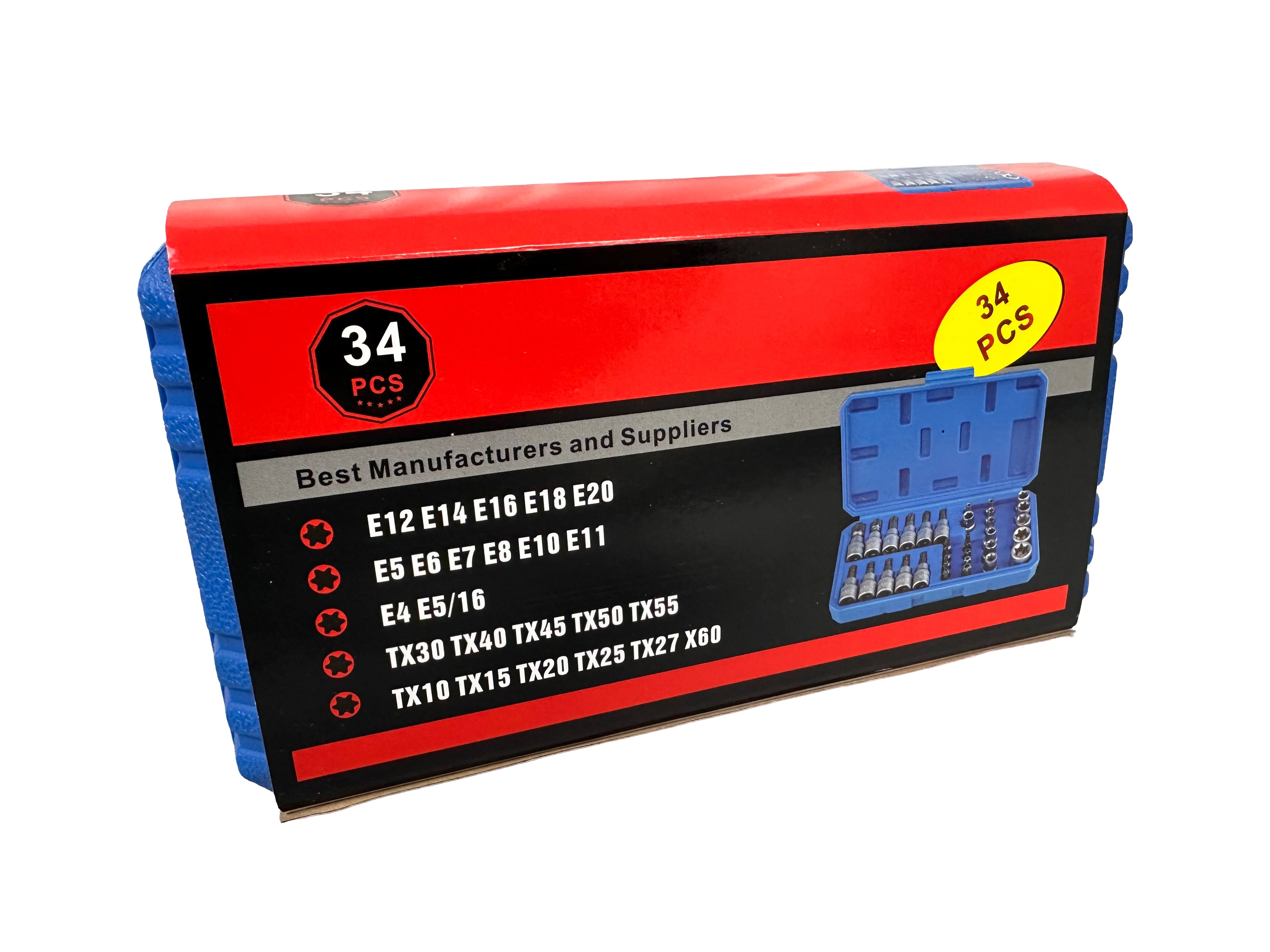 Sada nástrčných kľúčov, hlavíc a bitov profil E a Torx 3/8'', 34ks, T10 - T60, E3 - E20, Gebo Tools