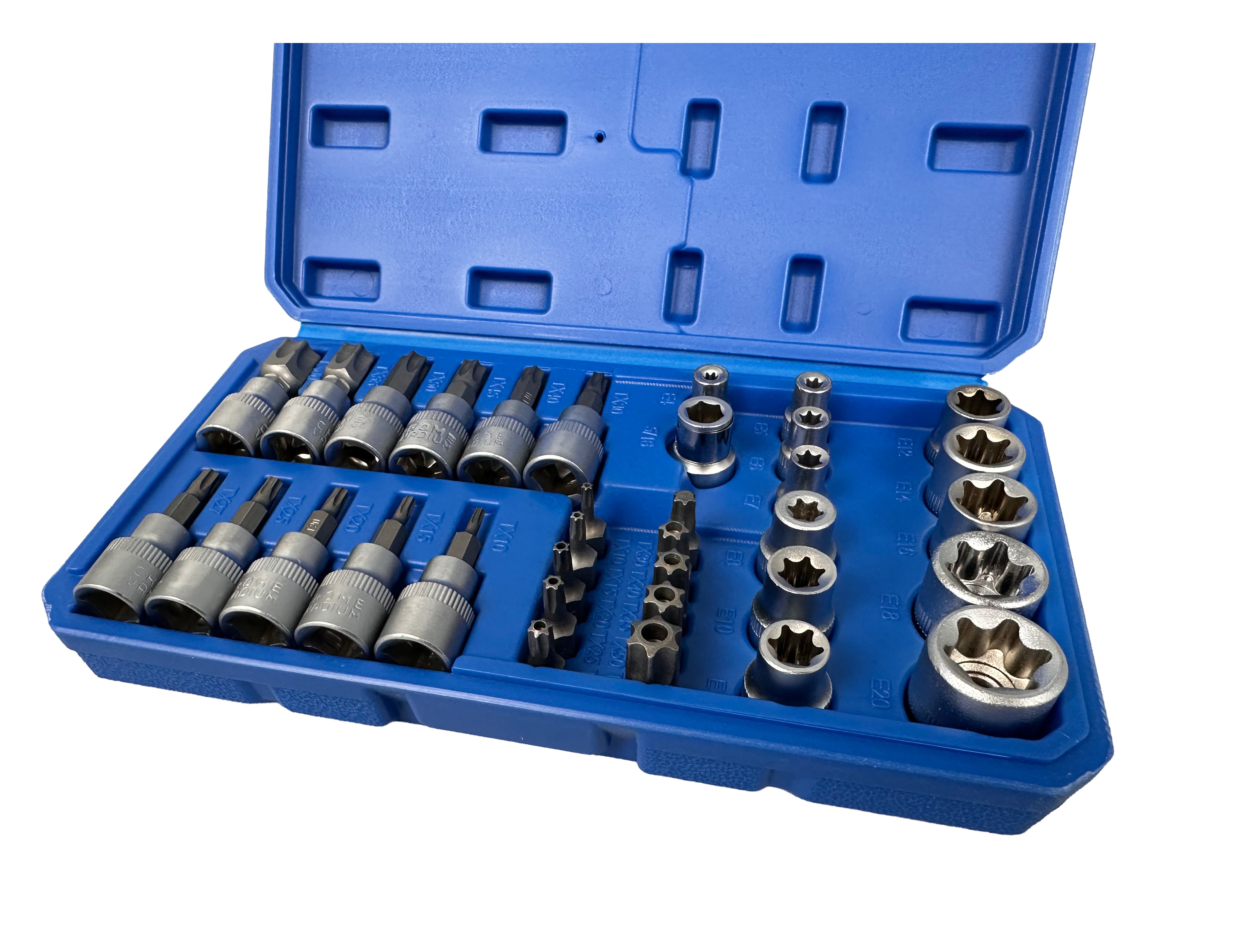 Sada nástrčných kľúčov, hlavíc a bitov profil E a Torx 3/8'', 34ks, T10 - T60, E3 - E20, Gebo Tools