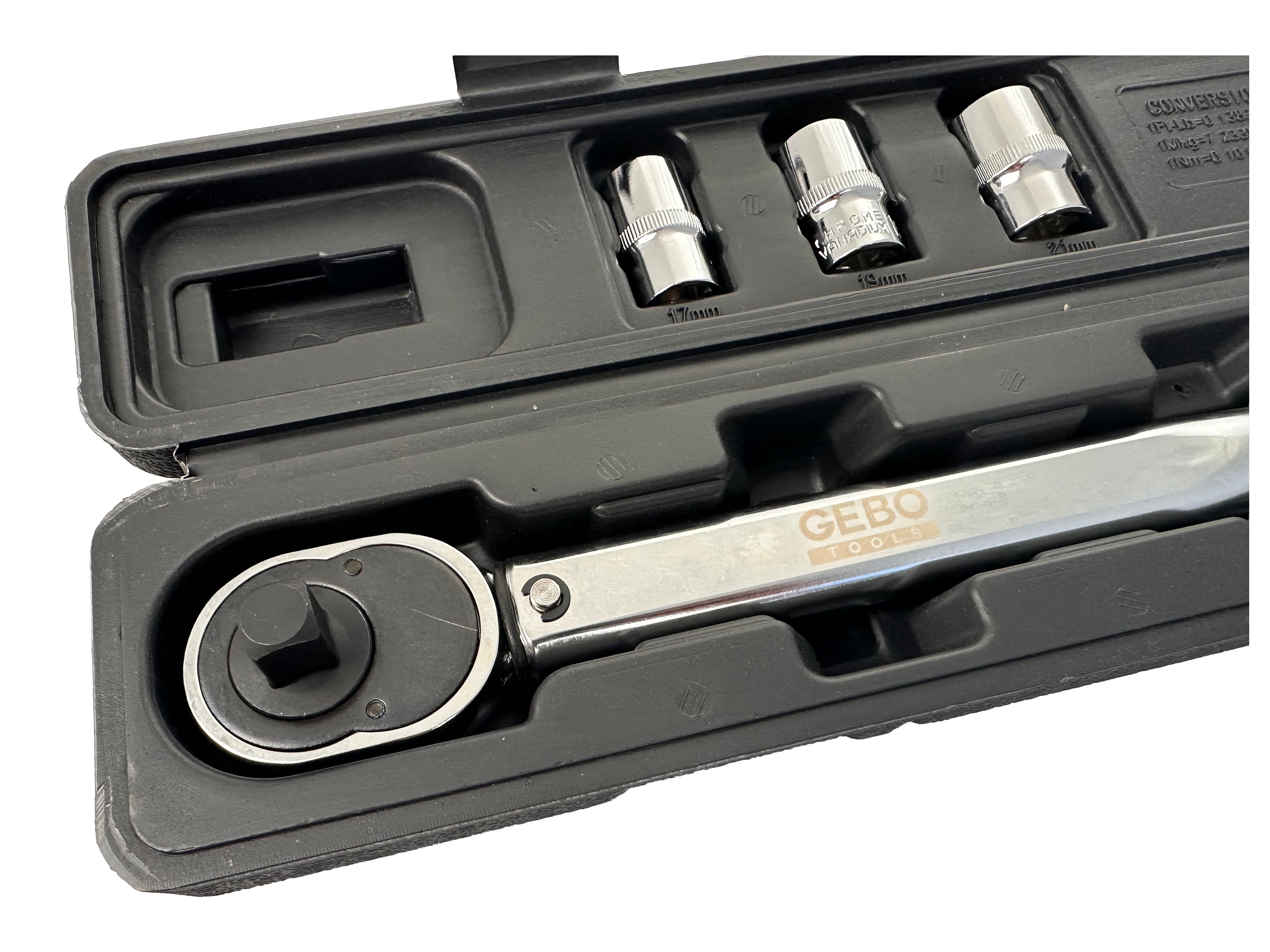 Momentový kľúč 1/2'', 28 - 210Nm, so sadou hlavíc 1/2'' 17, 19, 21mm a predlžovacím nadstavcom 1/2'' Gebo Tools