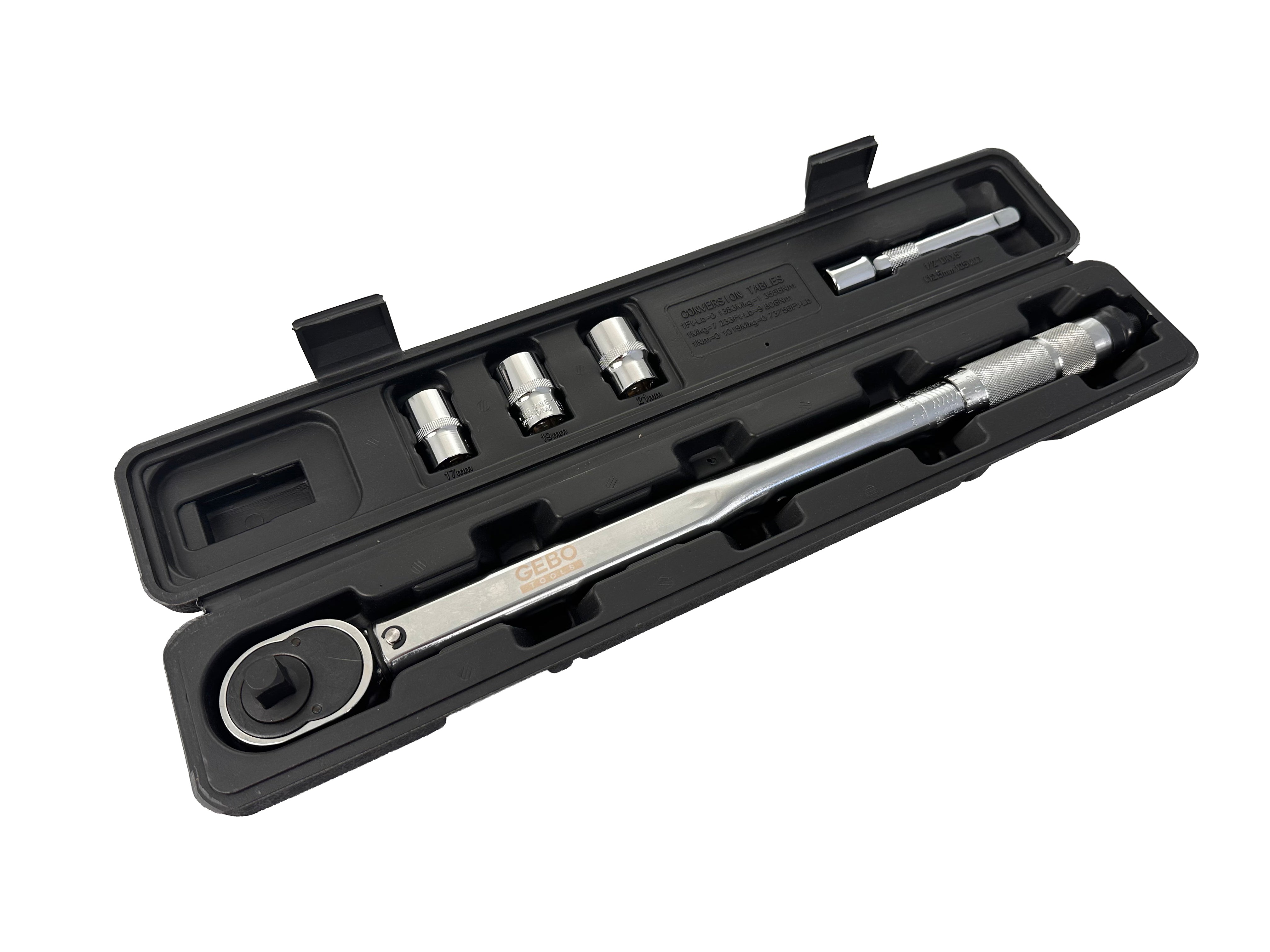 Momentový kľúč 1/2'', 28 - 210Nm, so sadou hlavíc 1/2'' 17, 19, 21mm a predlžovacím nadstavcom 1/2'' Gebo Tools