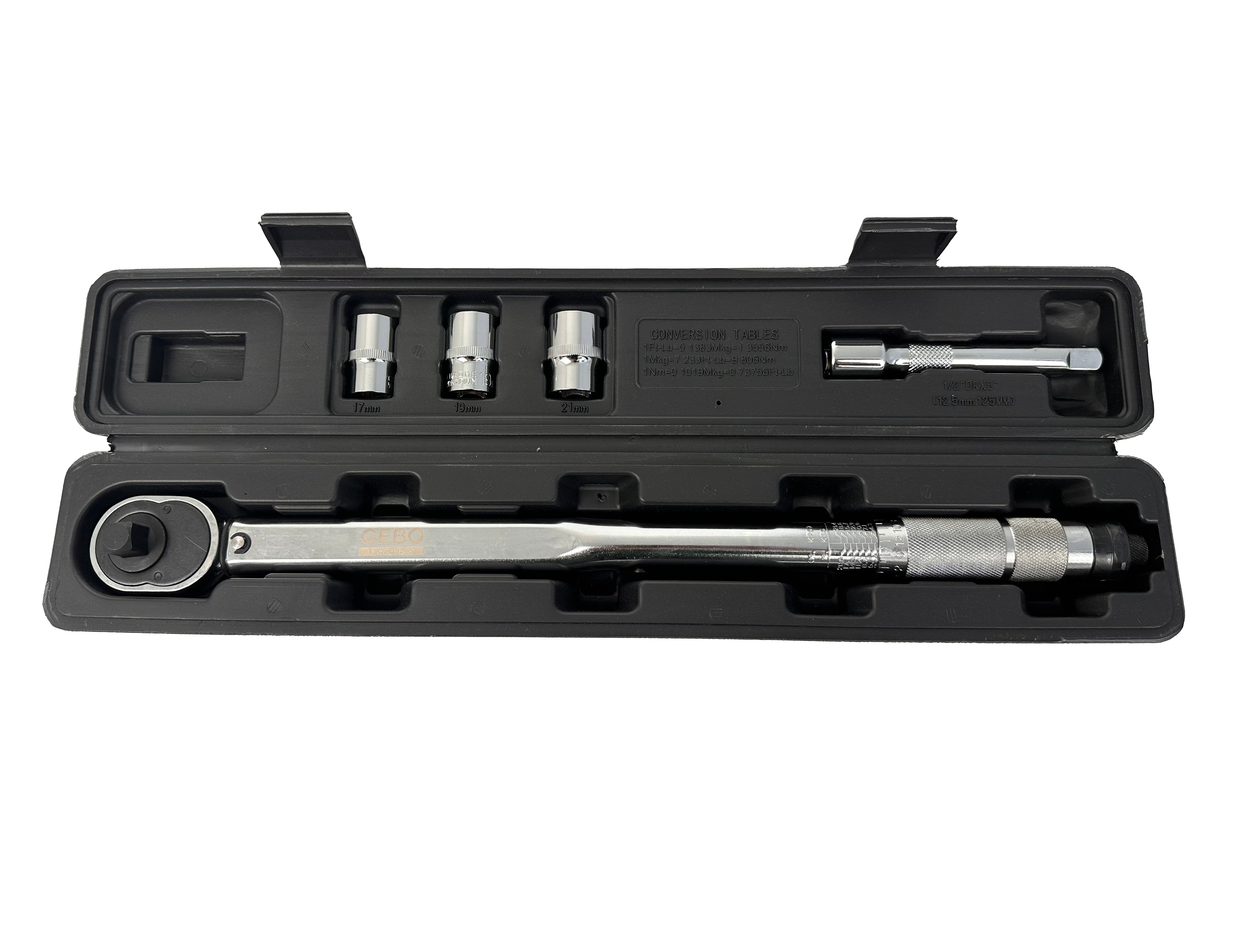 Momentový kľúč 1/2'', 28 - 210Nm, so sadou hlavíc 1/2'' 17, 19, 21mm a predlžovacím nadstavcom 1/2'' Gebo Tools