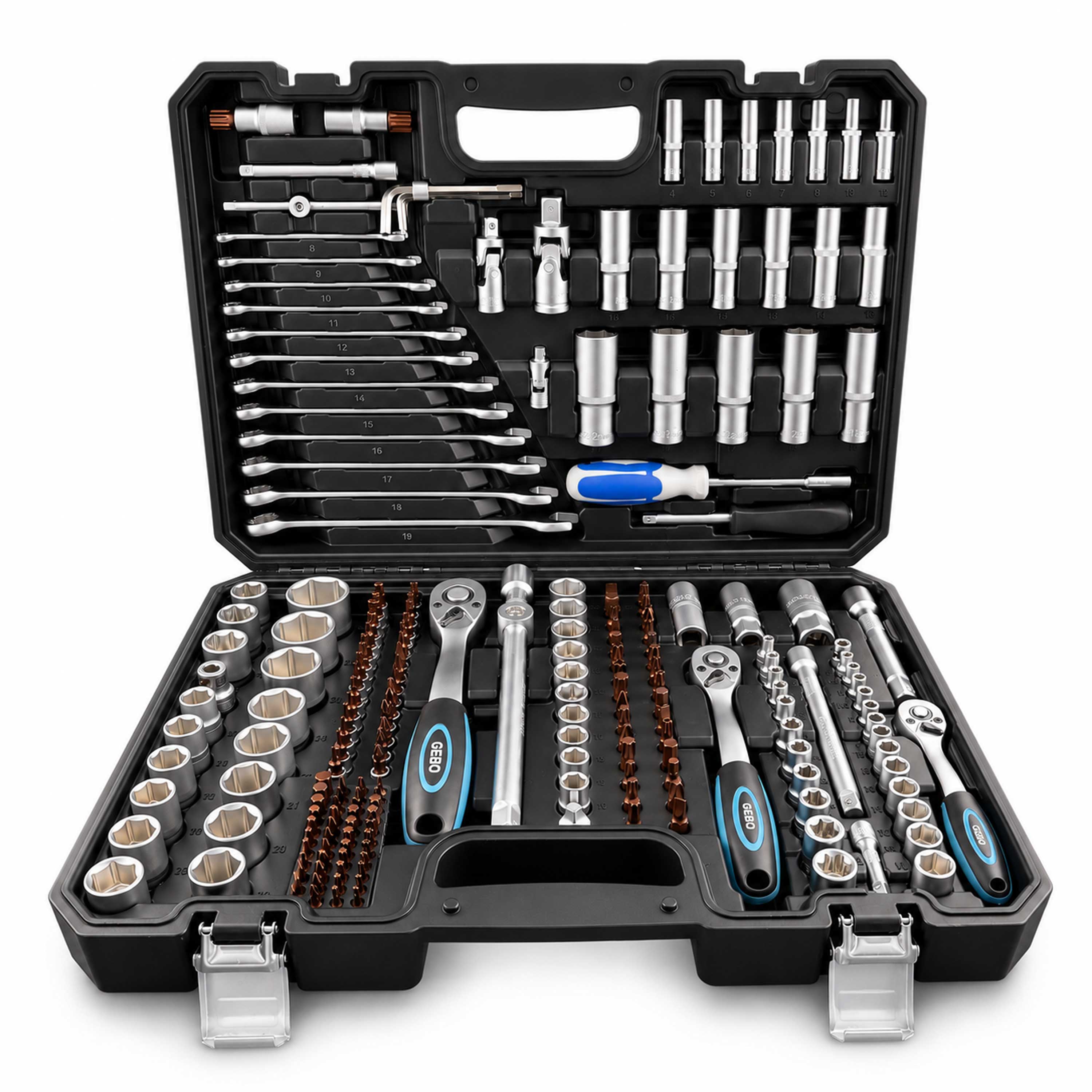 Profesionálna Gola sada náradia s nástrčnými hlavicami a račňami 1/2'' 3/8'' 1/4'', 216ks Gebo Tools